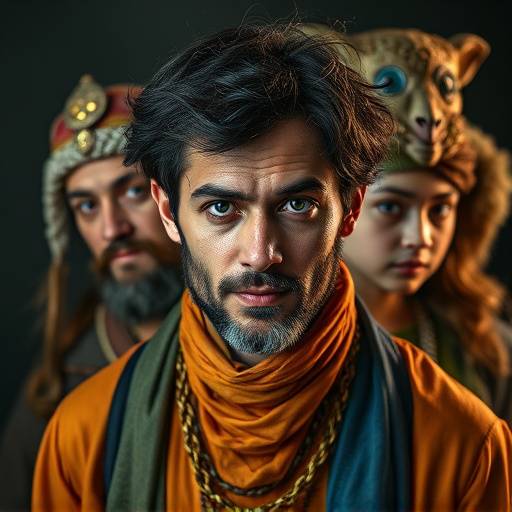 Een acteur die verschillende karakters portretteert met kostuums en make-up.