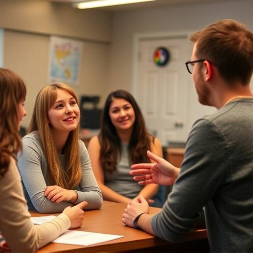 Een docent die feedback geeft aan een groep studenten na een sc&egrave;ne.