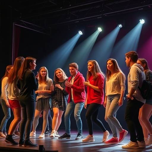Een groep studenten die een improvisatiesc√®ne opvoeren
