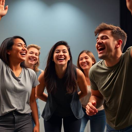 Een groep studenten die lachend een theateroefening doen