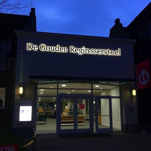 Een sfeervolle foto van de entree van de theaterschool 'De Gouden Regisseursstoel' met de naam prominent zichtbaar.