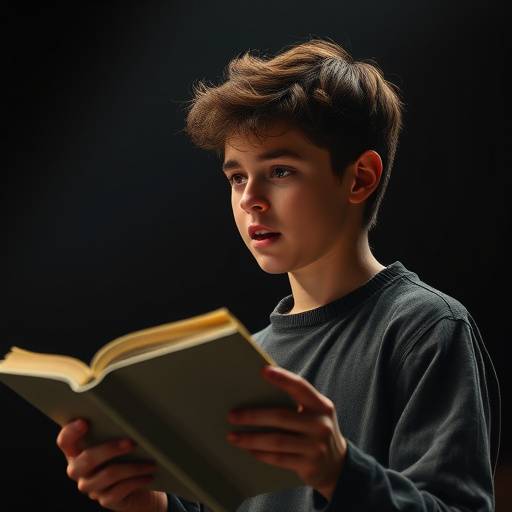 Een student die een klassiek toneelstuk voordraagt met intense emotie.
