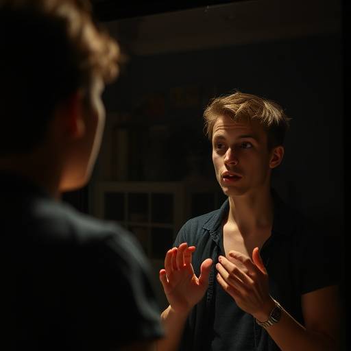 Een student oefent een dramatische monoloog voor een spiegel.